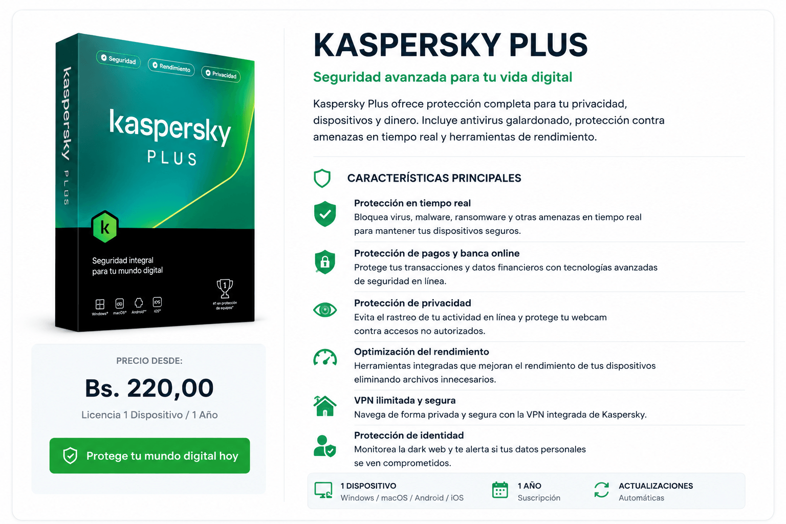 Kaspersky Plus 2026 — Bs. 220,00 — Licencia 1 Dispositivo / 1 Año
