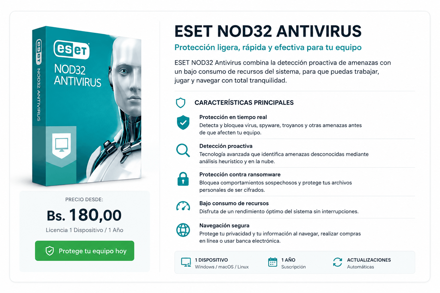 ESET NOD32 Antivirus 2026 — Bs. 180,00 — Licencia 1 Dispositivo / 1 Año