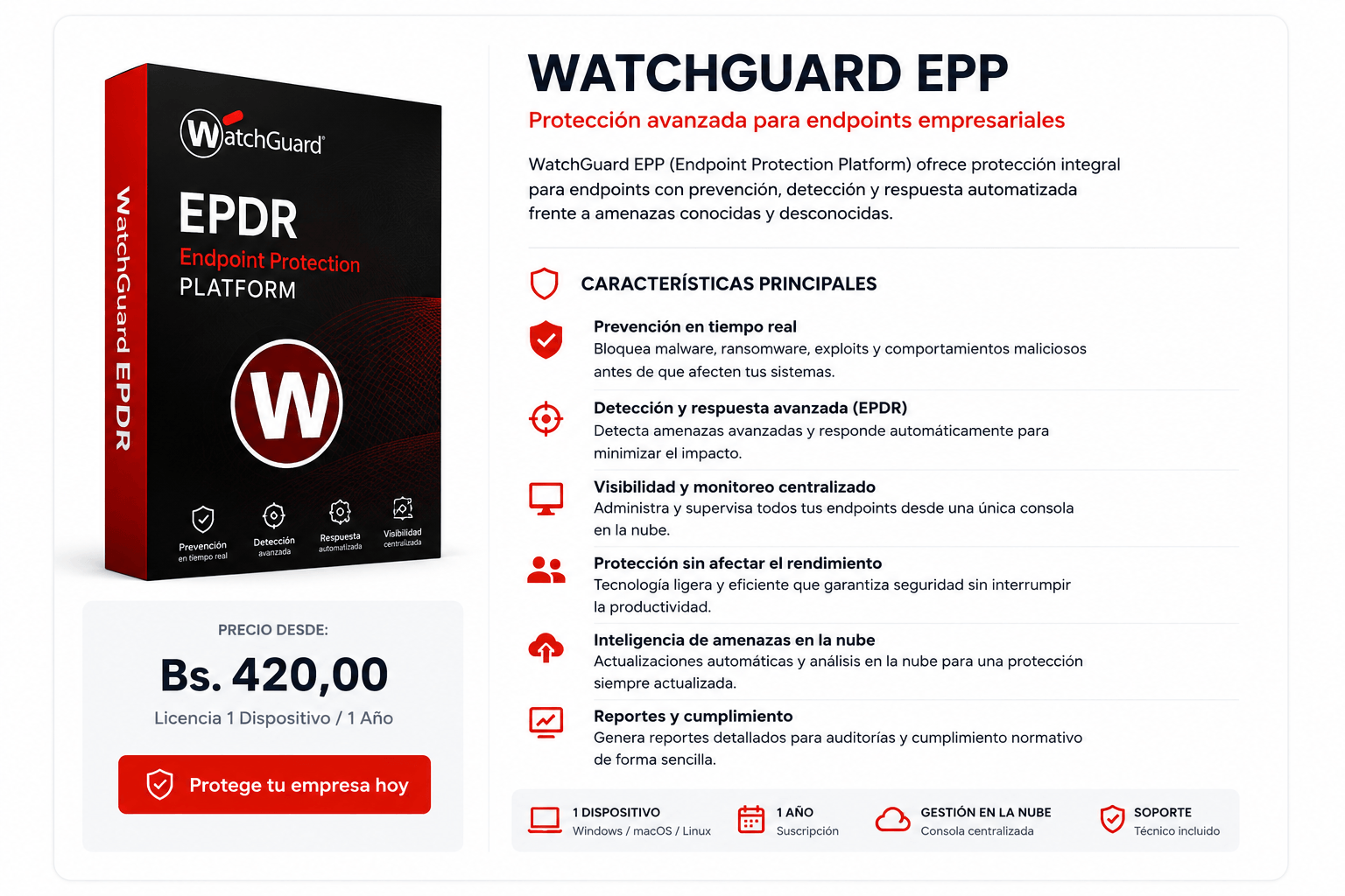 WatchGuard EPP EPDR 2026 — Bs. 420,00 — Licencia 1 Dispositivo / 1 Año